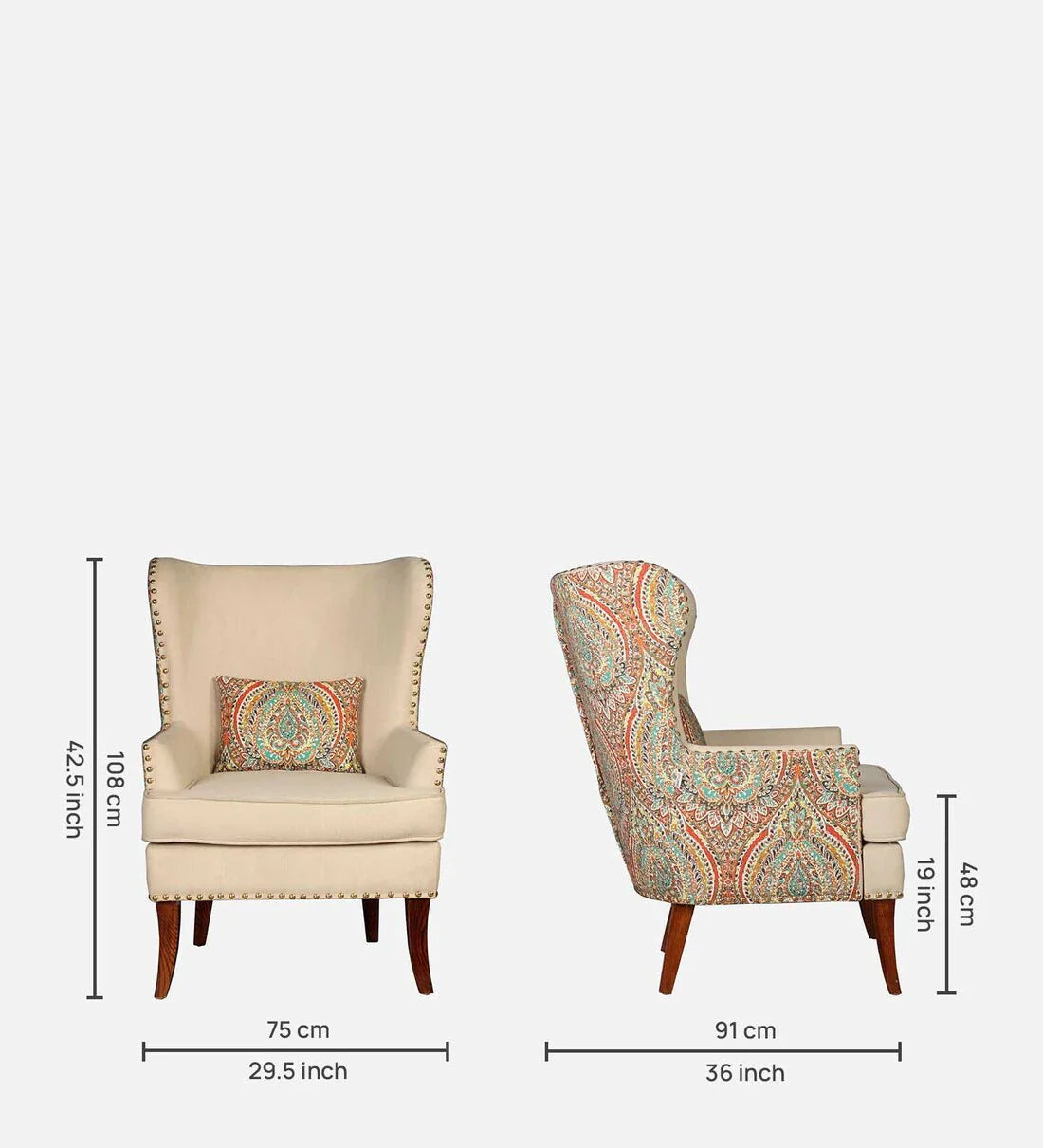 Royal Fabric Wing Chair In Beige Floral Colour