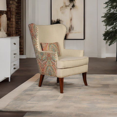 Royal Fabric Wing Chair In Beige Floral Colour
