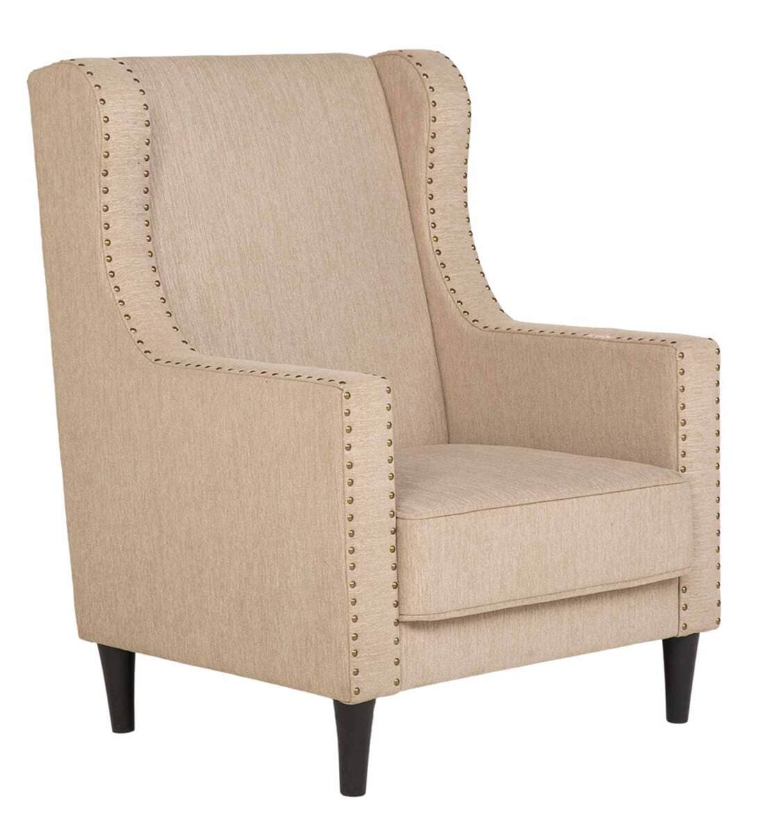 Classic Fabric Wing Chair in Beige Colour
