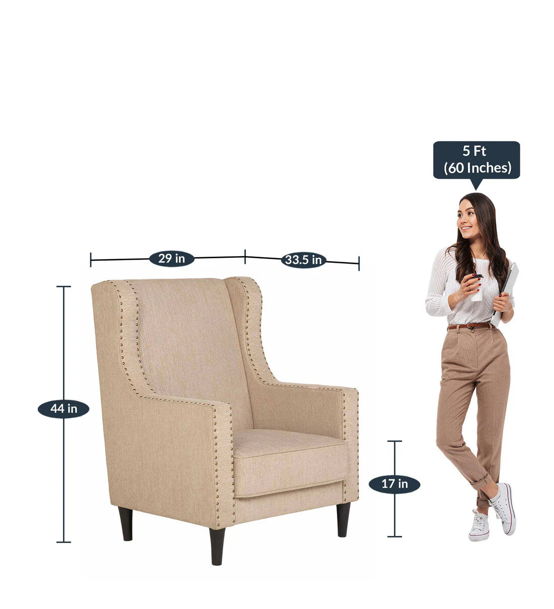 Classic Fabric Wing Chair in Beige Colour