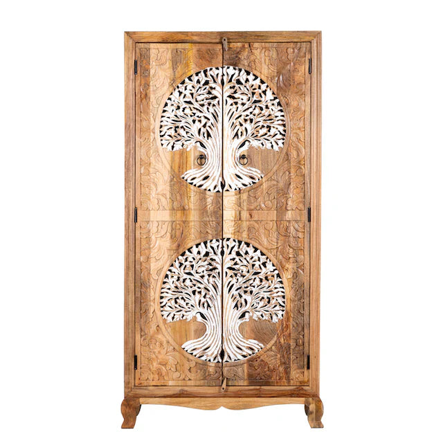 Cairo Hand Carved Tree Of life Mango Wood Wardrobe In Dual Tone