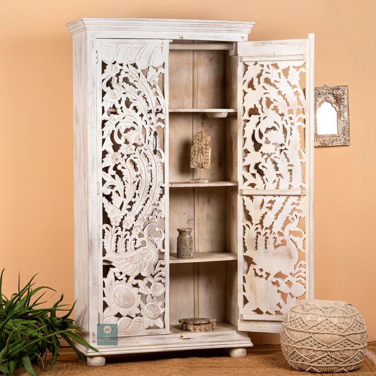 Cairo Hand Carved Peacock Design Mango Wood Wardrobe