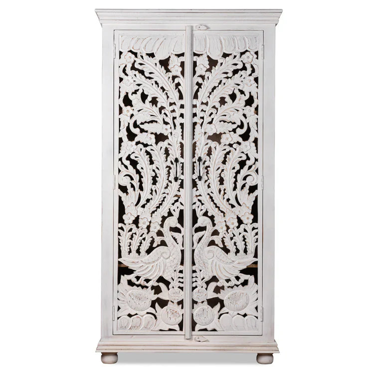 Cairo Hand Carved Peacock Design Mango Wood Wardrobe